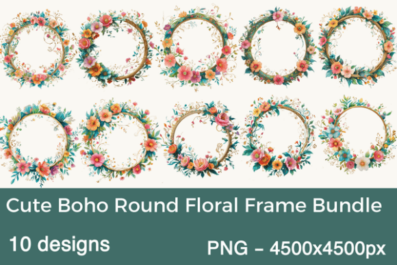Cute Boho Round Floral Frame Bundle